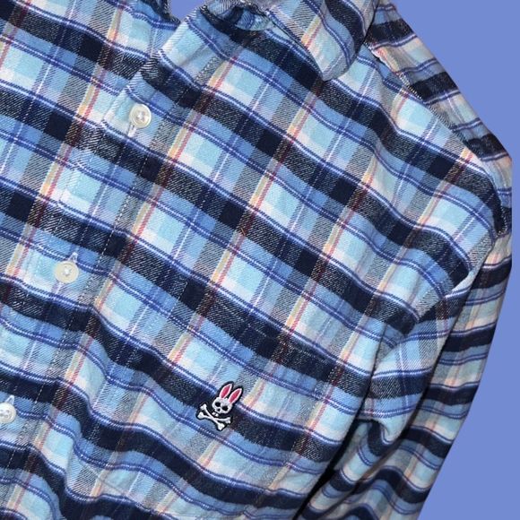 Psycho Bunny Navy Plaid Button Up Flannel Shirt Size Large - Picture 1 of 5